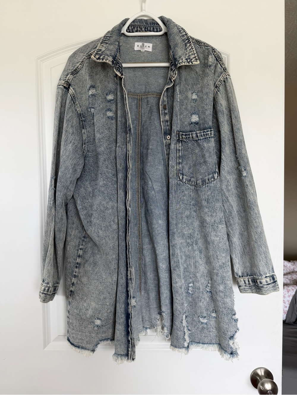 Light Acid Wash Distressed Denim Jacket - Oversized Jean Shacket